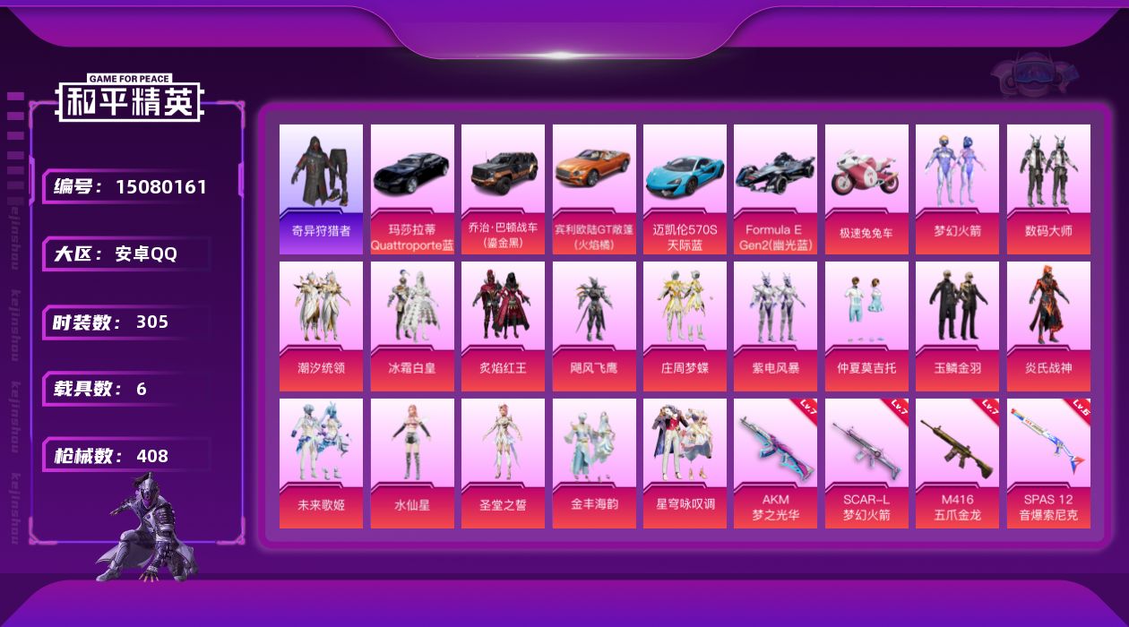 和平精英账号安卓QQ[15080161]可二次【店主推荐捡漏号！可直接换绑】素材身法号 安卓 手Q-16粉装-13特效枪-6载具-4粉色飞行器-13.4w热力值-19王牌印记-305套装-408枪皮【热门品类】：粉装-梦