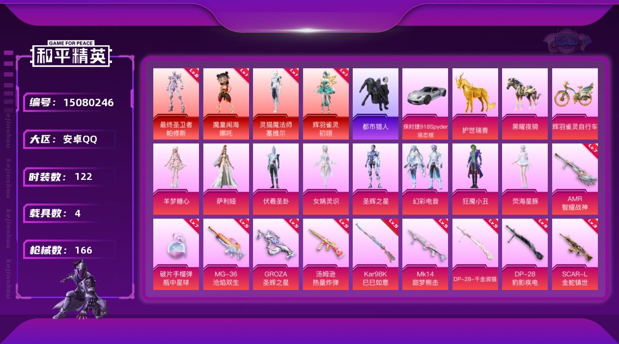 和平精英账号安卓QQ[15080246]【店主推荐捡漏号！可直接换绑】/素材身法号/最终圣卫者-帕修斯(六级) 安卓 手Q-4神装-8粉装-16特效枪-4载具-10粉色飞行器-7.8w热力值-9王牌印记-122套装-16