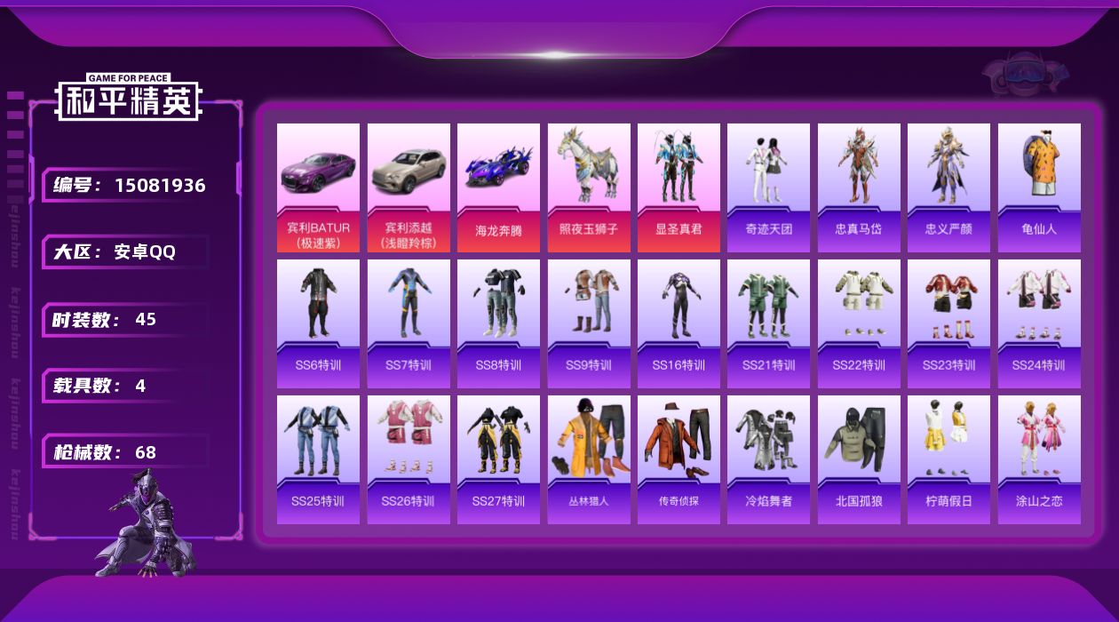 和平精英账号安卓QQ[15081936]【特价出售/店主推荐】安卓 手Q-1粉装-0特效枪-4载具-1粉色飞行器-2.4w热力值-8王牌印记-45套装-68枪皮
【热门品类】：角色-忠真马岱，角色-忠义严颜，套装-龟仙人