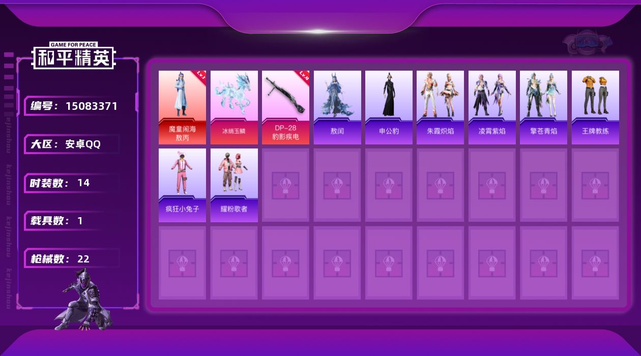 和平精英账号安卓QQ[15083371]可二次 【店主推荐捡漏号！可直接换绑】安卓 手Q-1神装-0粉装-1特效枪-1载具-2粉色飞行器-8470热力值-1王牌印记-14套装-22枪皮
【红色神装等级】：魔童闹海-敖丙(