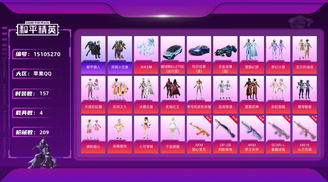 和平精英账号苹果QQ[15105270]【店主推荐捡漏号！可直接换绑】/素材身法号/地铁满天赋 苹果 手Q-16粉装-14特效枪-4载具-3粉色飞行器-7.7w热力值-13王牌印记-157套装-209枪皮【热门品类】：粉