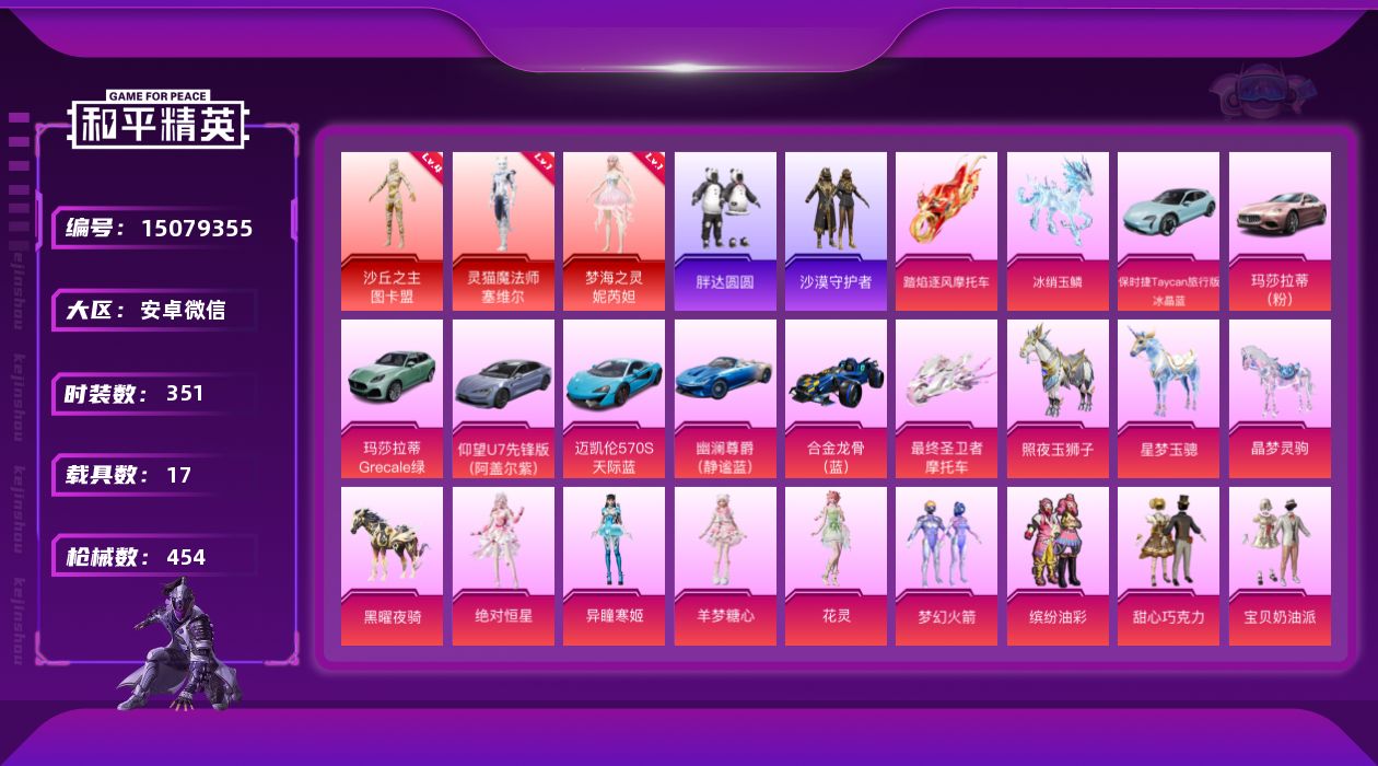 和平精英账号安卓微信[15079355]极品素材号降价处理可二次【店主推荐捡漏号！可直接换绑】安卓 微信-3神装-61粉装-36特效枪-17载具-26粉色飞行器-198427热力值-20王牌印记-351套装-454枪皮【