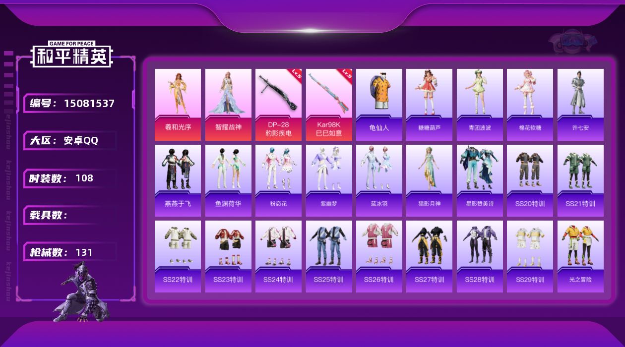 和平精英账号安卓QQ[15081537]【店主推荐捡漏号！可直接换绑】【满级地铁】安卓 手Q-2粉装-2特效枪-0载具-2粉色飞行器-3.7热力值-11王牌印记-108套装-131枪皮
【热门品类】：套装-龟仙人
【粉色