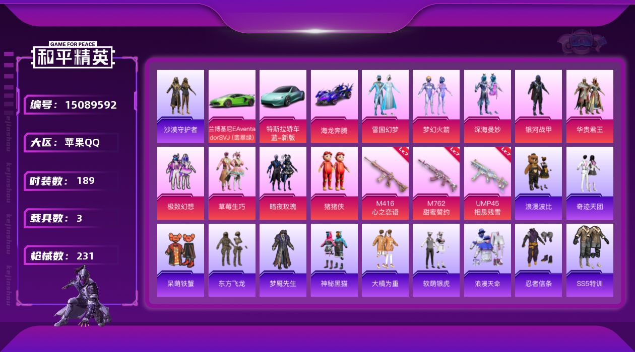 和平精英账号苹果QQ[15089592]素材身法号 苹果 手Q-9粉装-3特效枪-3载具-1粉色飞行器-7.9w热力值-7王牌印记-189套装-231枪皮【热门品类】：粉装-雪国幻梦，粉装-梦幻火箭，套装-浪漫天命，套装
