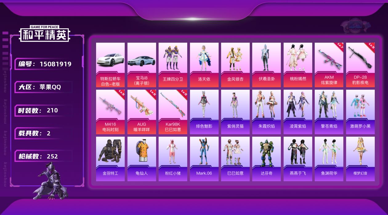 和平精英账号苹果QQ[15081919]【特价出售/店主推荐】地铁满天赋 苹果 手Q-5粉装-5特效枪-2载具-4粉色飞行器-8.1w热力值-16王牌印记-210套装-252枪皮【热门品类】：套装-金羽特工，套装-龟仙人