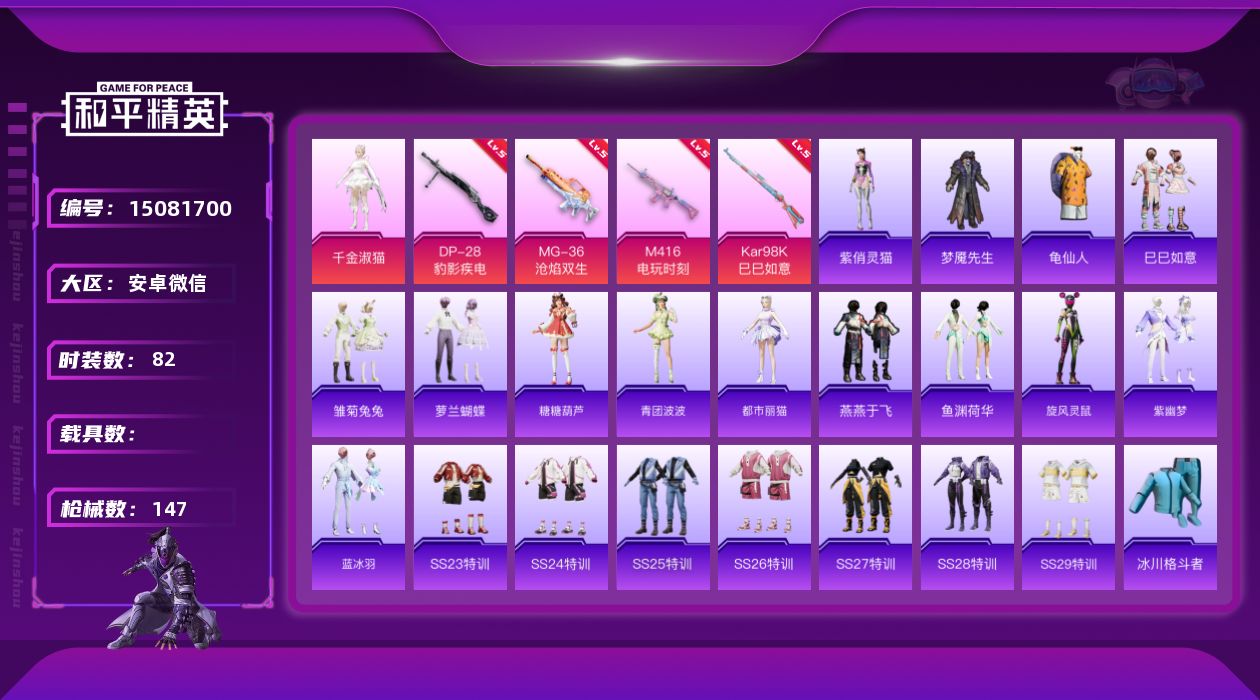 和平精英账号安卓微信[15081700]【店主推荐捡漏号！可直接换绑】地铁满天赋 安卓 微信-1粉装-4特效枪-0载具-2粉色飞行器-3.8w热力值-9王牌印记-82套装-147枪皮【热门品类】：套装-龟仙人【粉色套装】