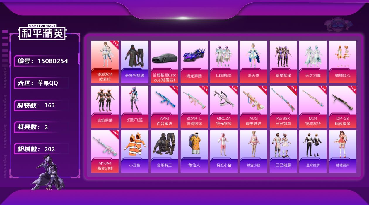 和平精英账号苹果QQ[15080254]【店主推荐捡漏号！可直接换绑】 地铁满天赋 苹果 手Q-1神装-7粉装-8特效枪-2载具-5粉色飞行器-6.8w热力值-8王牌印记-163套装-202枪皮【红色神装等级】：镜域双华