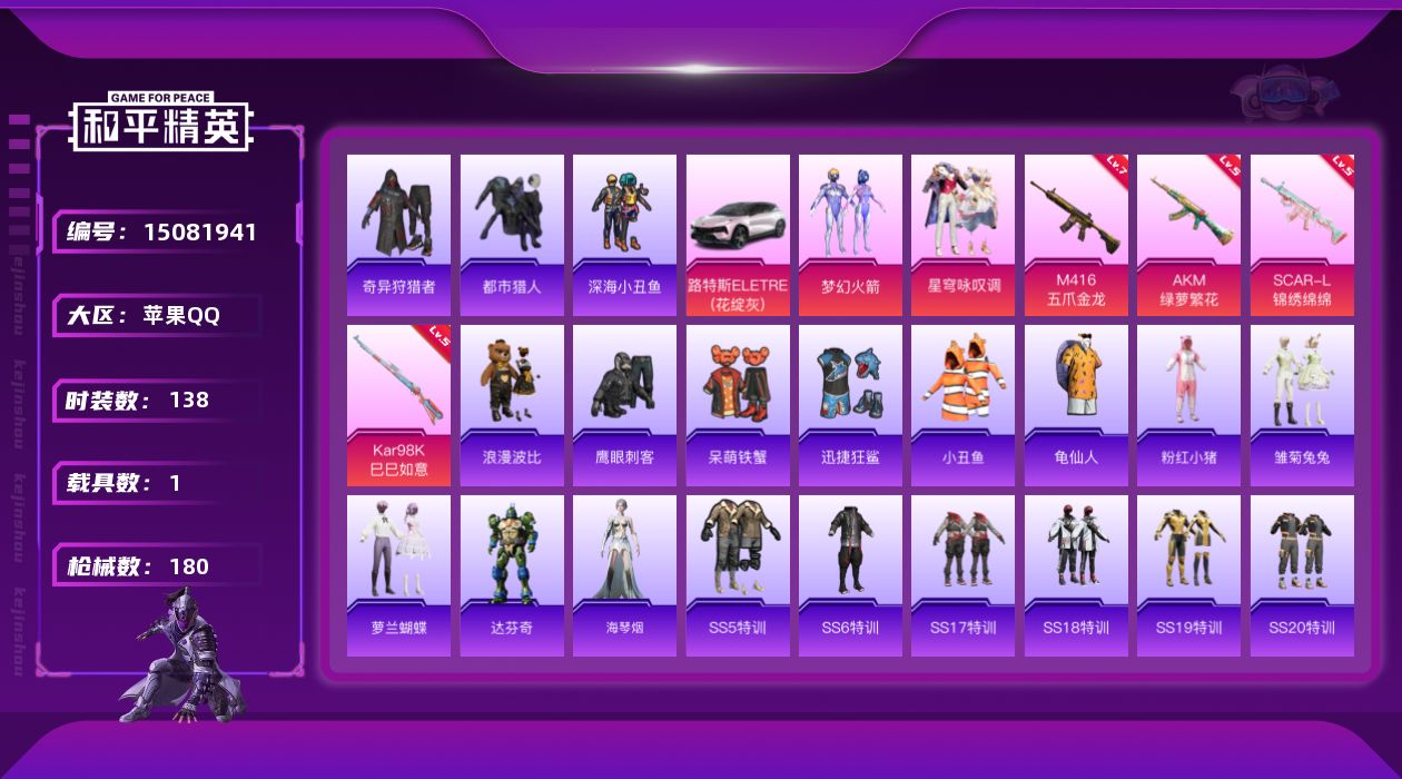 和平精英账号苹果QQ[15081941]【特价出售/店主推荐】 苹果 手Q-无敌战神框-2粉装-4特效枪-1载具-2粉色飞行器-50862热力值-16王牌印记-138套装-180枪皮
【热门品类】：粉装-梦幻火箭，套装-