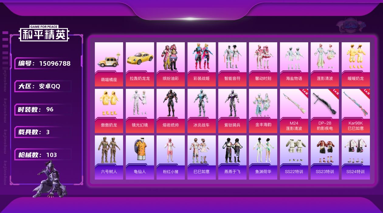 和平精英账号安卓QQ[15096788]不可二次【店主推荐捡漏号！可直接换绑】 安卓 手Q-13粉装-3特效枪-3载具-5粉色飞行器-3.8w热力值-1王牌印记-96套装-103枪皮【热门品类】：粉装-缤纷油彩，粉装-彩