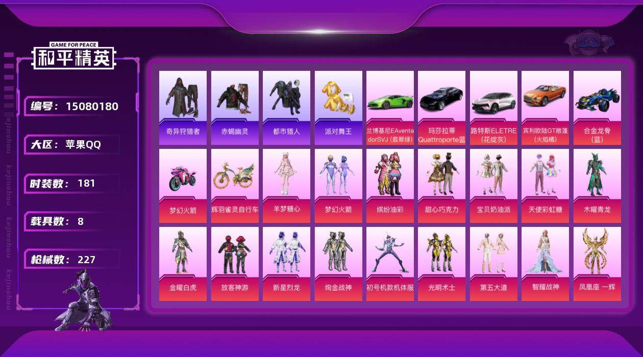 和平精英账号苹果QQ[15080180]素材身法号/无敌战神框1/绝世印记2/地铁满天赋 苹果 手Q-无敌战神框-17粉装-12特效枪-8载具-11粉色飞行器-8.1w热力值-8王牌印记-181套装-227枪皮【热门品类