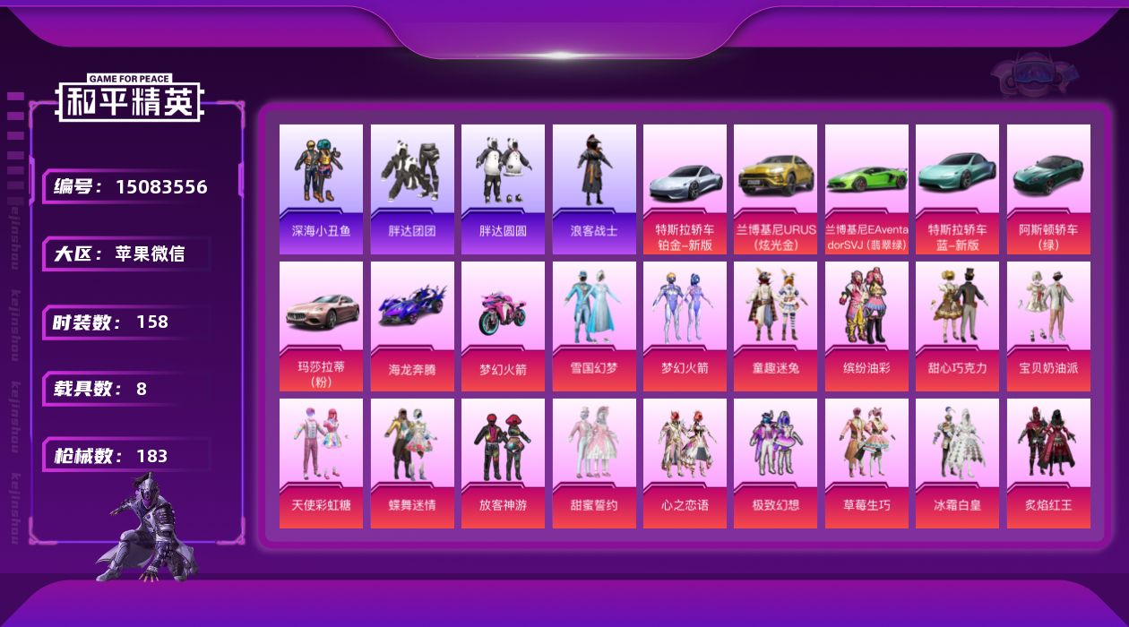 和平精英账号苹果微信[15083556]苹果-连体王者V8-205皮-2典藏-1珍品-13传说！！！无敌战神框-双字ID-32粉装-17特效枪-8载具1僚机-7粉色飞行器-94972热力值-9王牌印记-158套装-183