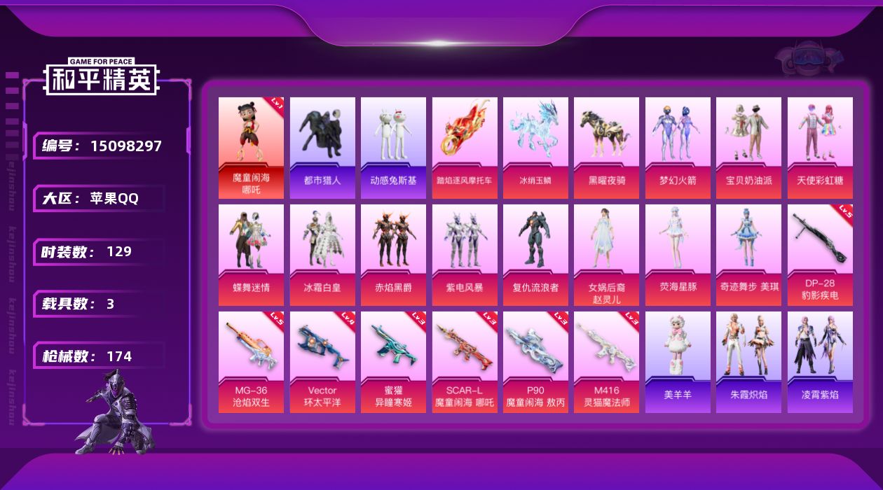 和平精英账号苹果QQ[15098297]【店主推荐捡漏号！可直接换绑】背包2200红碎片 素材身法号/无敌战神框1/苹果 手Q-无敌战神框-1神装-11粉装-7特效枪-3载具-4粉色飞行器-5.8w热力值-10王牌印记-