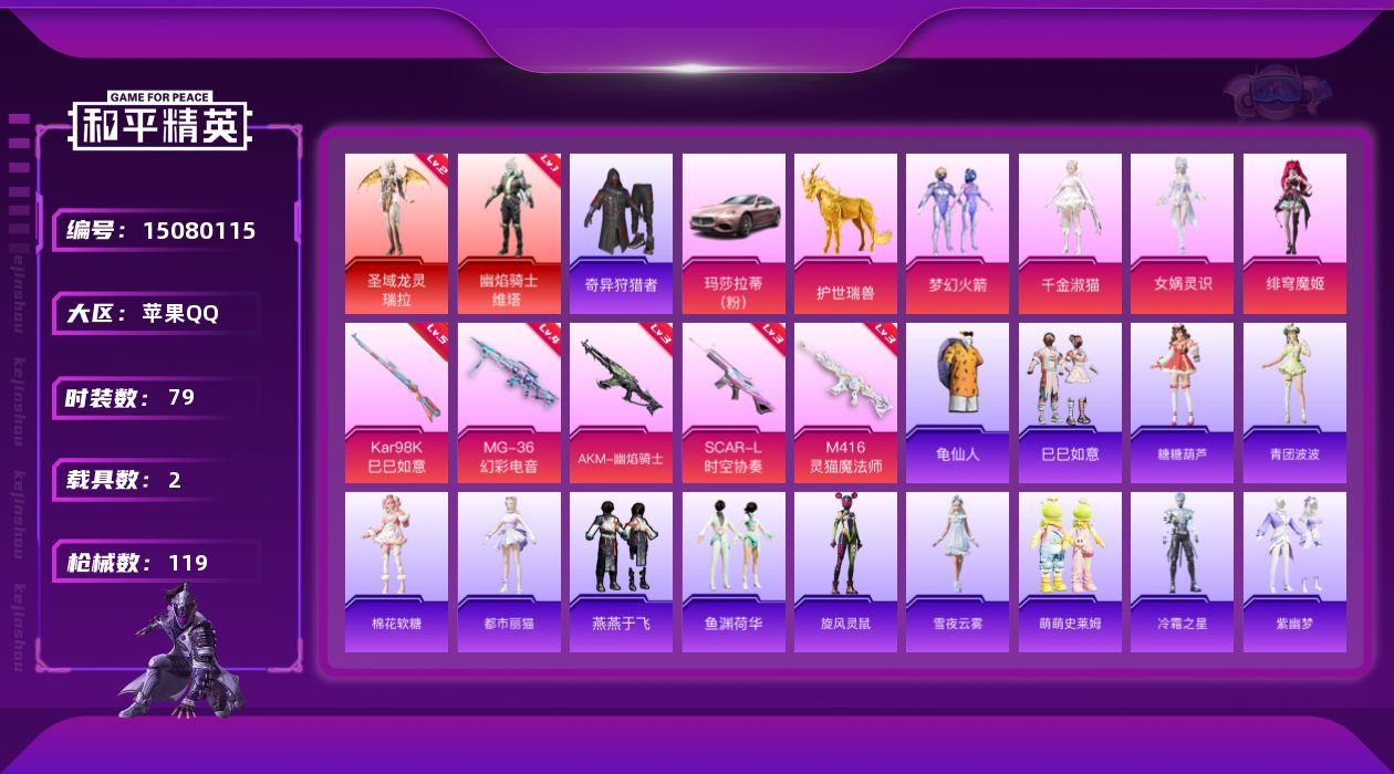 和平精英账号苹果QQ[15080115]地铁满天赋苹果 手Q-2红装-4粉装-5特效枪-2载具-4.3w热力值-8印记-79套装-119枪皮【热门品类】：套装-奇异狩猎者【角色神装等级】：圣域龙灵-瑞拉(二级)，幽焰骑士