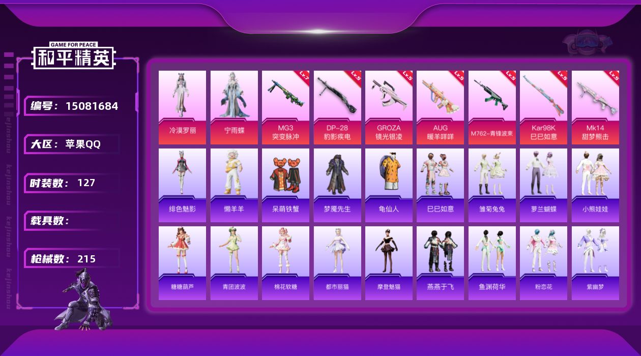 和平精英账号苹果QQ[15081684]【店主推荐捡漏号！可直接换绑】地铁满天赋 苹果 手Q-2粉装-7特效枪-0载具-2粉色飞行器-63811热力值-6王牌印记-127套装-215枪皮
【热门品类】：套装-龟仙人
【粉