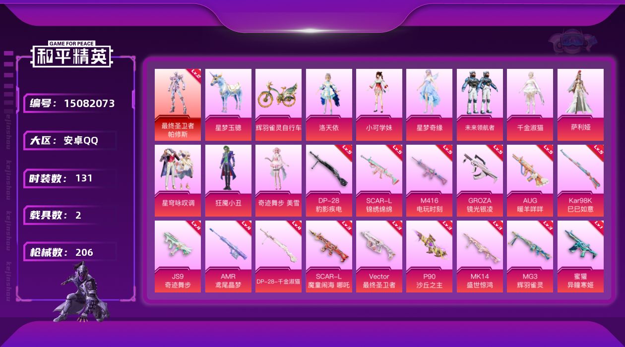 和平精英账号安卓QQ[15082073]【店主推荐捡漏号！可直接换绑】安卓 手Q-1神装-9粉装-15特效枪-2载具-17粉色飞行器-78061热力值-10王牌印记-131套装-206枪皮
【红色神装等级】：最终圣卫者-