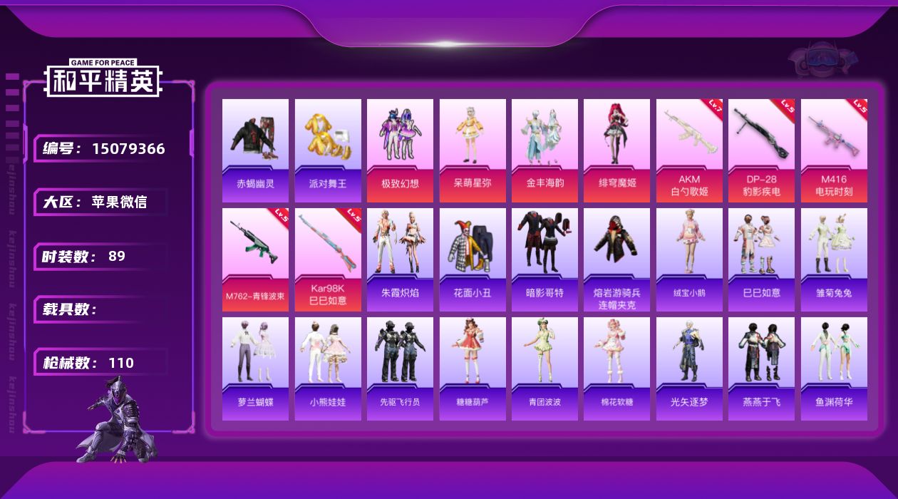 和平精英账号苹果微信[15079366]苹果 微信-4粉装-5特效枪-0载具-1粉色飞行器-36007热力值-4王牌印记-89套装-110枪皮【热门品类】：套装-赤蝎幽灵，套装-派对舞王，套装-暗影哥特，熔岩游骑兵连帽夹