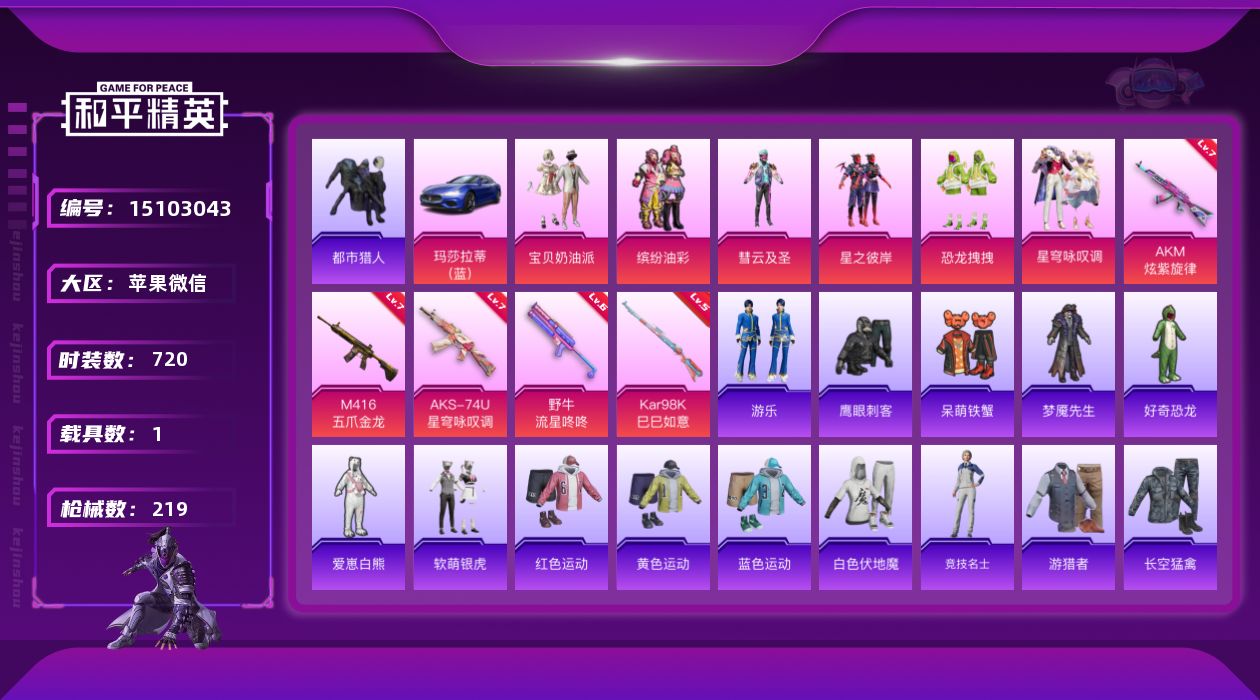 和平精英账号苹果微信6粉装 5特效枪 1载具 22印记 可二次 可修改实名 
【热门装扮】:星穹咏叹调,宝贝奶油派,缤纷