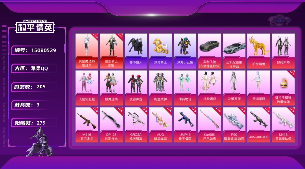 和平精英账号苹果QQ[15080529]战神框！1247璀璨碎片！3级塞维尔1级维塔金鞋都市！苹果 手Q-无敌战神框-2神装-9粉装-12特效枪-3载具-9粉色飞行器-97950热力值-19王牌印记-205套装-279枪