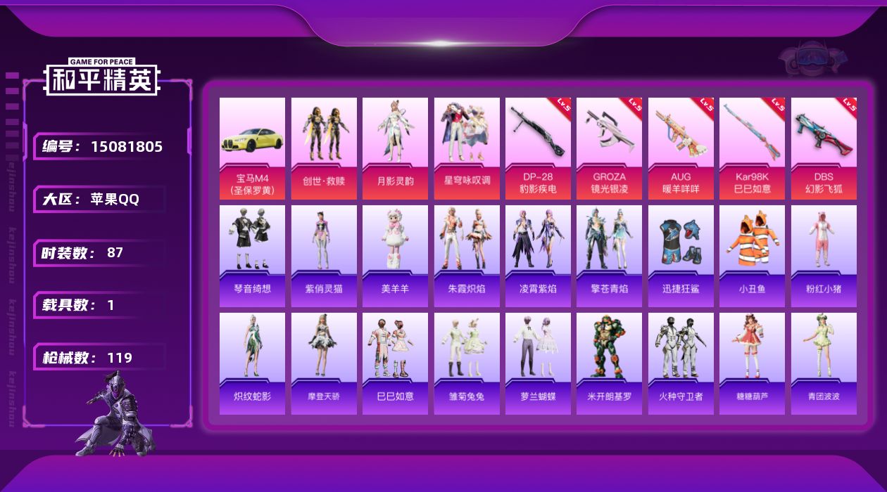 和平精英账号苹果QQ[15081805]【特价出售/店主推荐】苹果 手Q-3粉装-5特效枪-1载具-3粉色飞行器-3.6热力值-1王牌印记-87套装-119枪皮
【热门品类】：套装-小丑鱼，套装-粉红小猪
【粉色套装】：