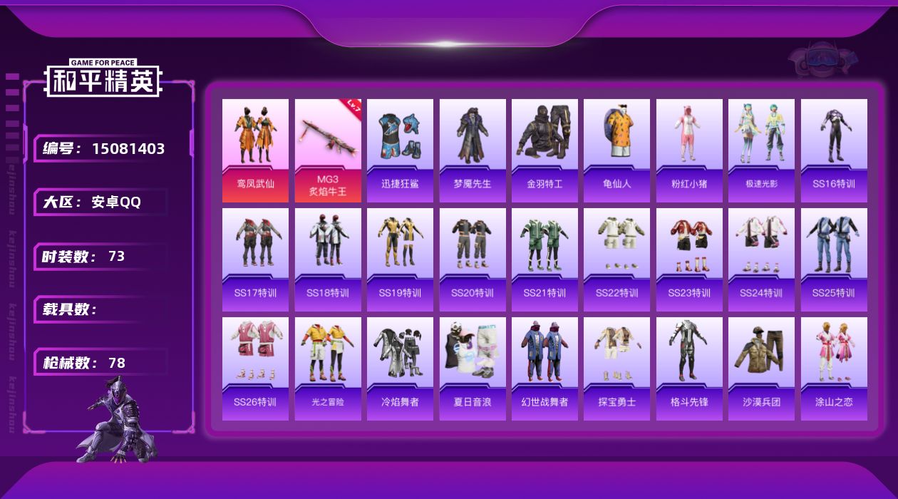 和平精英账号安卓QQ[15081403]安卓 手Q-1粉装-1特效枪-0载具-0粉色飞行器-23784热力值-6王牌印记-73套装-78枪皮
【热门品类】：套装-金羽特工，套装-龟仙人，套装-粉红小猪
【粉色套装】：粉装