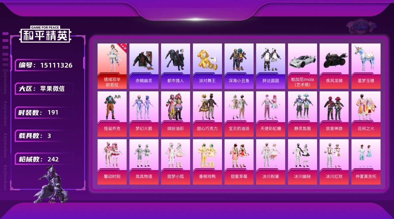 和平精英账号苹果微信[15111326]【特价出售/店主推荐】苹果 微信-1神装-30粉装-10特效枪-3载具-14粉色飞行器-98504热力值-10王牌印记-191套装-242枪皮
【红色神装等级】：镜域双华-欧若拉(