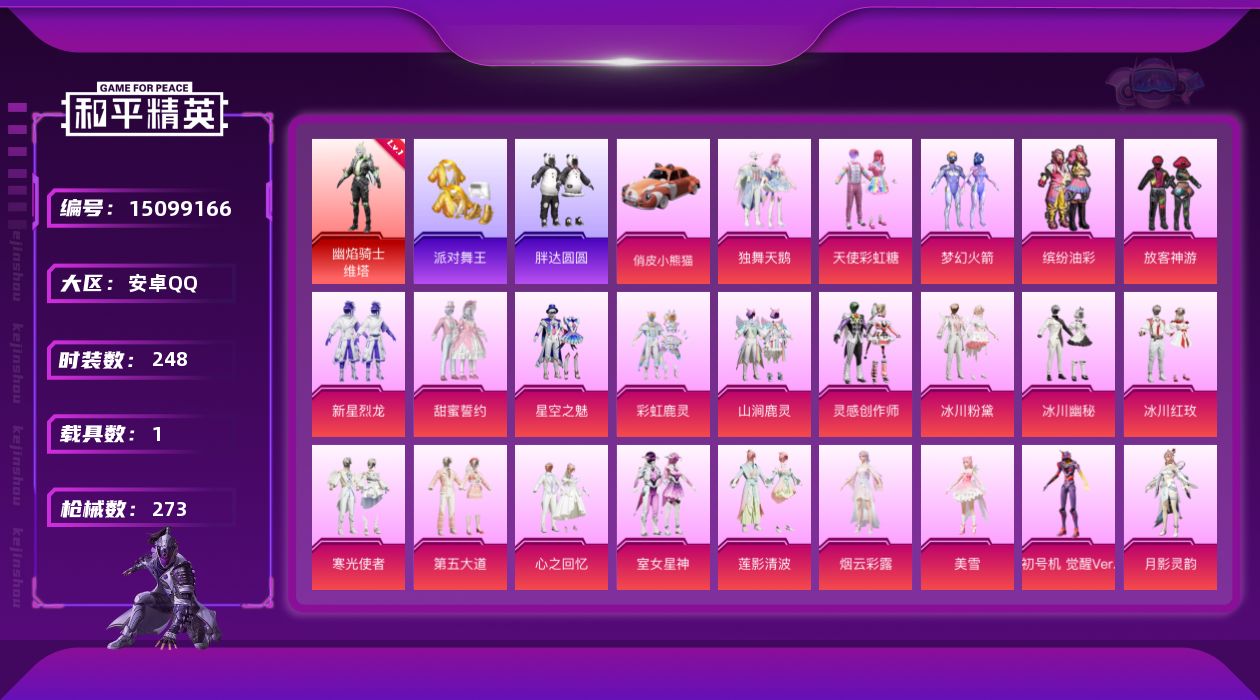 和平精英账号安卓QQ[15099166]【暑期末清货/特价急出/永久包赔】：安卓 手Q-1红装-25粉装-10特效枪-1载具-10.8w热力值-15印记-248套装-273枪皮【热门品类】：套装-派对舞王，套装-胖达圆圆