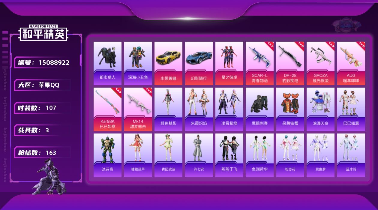 和平精英账号苹果QQ[15088922]地铁满天赋/可二次【店主推荐捡漏号！可直接换绑】苹果 手Q-1粉装-6特效枪-3载具-2粉色飞行器-49459热力值-14王牌印记-107套装-163枪皮【热门品类】：套装-浪漫天