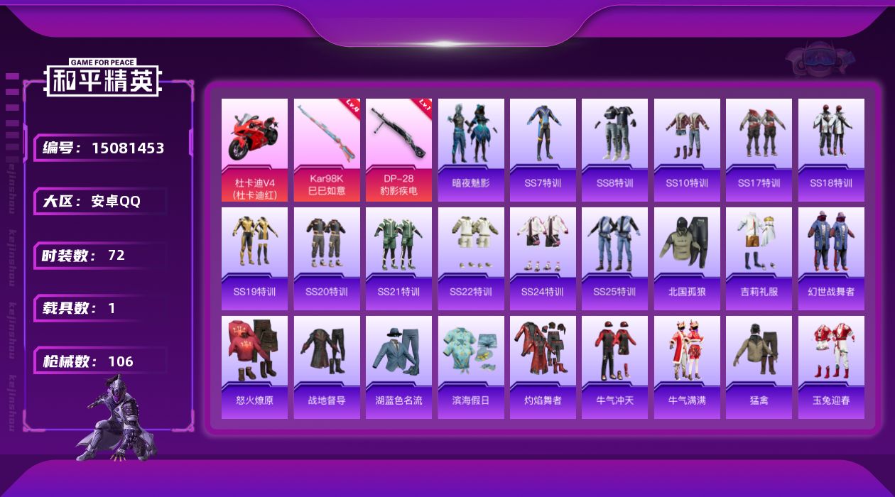 和平精英账号安卓QQ[15081453]安卓 手Q-0粉装-2特效枪-1载具-0粉色飞行器-32768热力值-2王牌印记-72套装-106枪皮
【粉色枪皮等级】：Kar98K-巳巳如意(四级)，DP-28-豹影疾电(一级