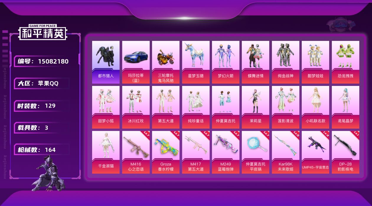 和平精英账号苹果QQ[15082180]【特价出售/店主推荐】苹果 手Q-无敌战神框-15粉装-10特效枪-3载具-5粉色飞行器-6.8W热力值-8王牌印记-129套装-164枪皮【热门品类】：粉装-梦幻火箭，套装-浪漫