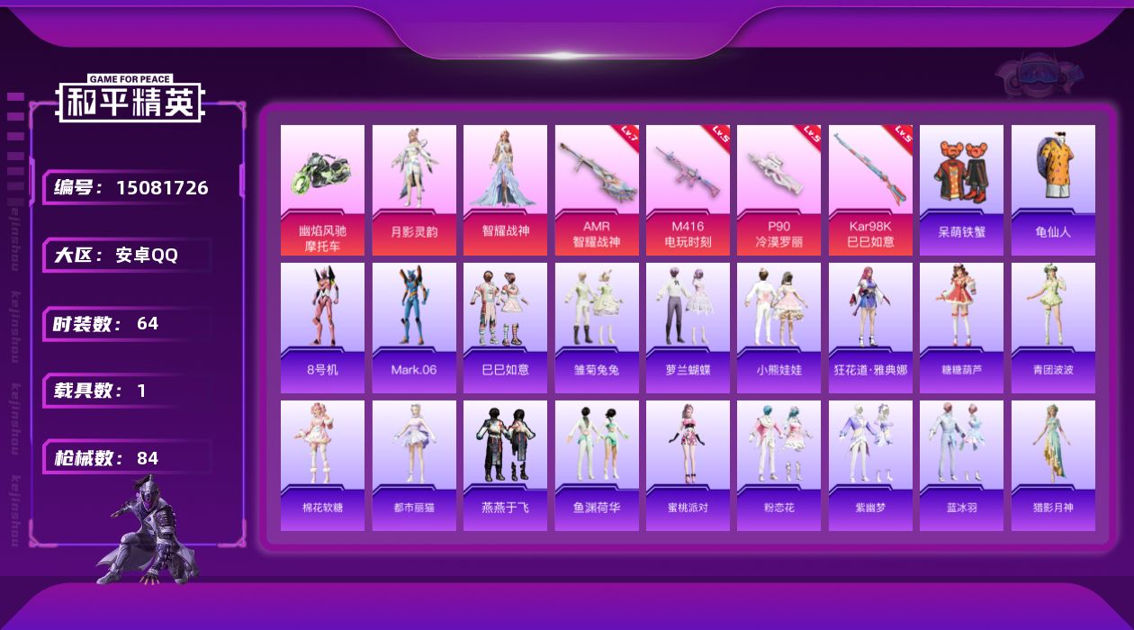 和平精英账号安卓QQ[15081726]【特价出售/店主推荐】 安卓 手Q-2粉装-4特效枪-1载具-0粉色飞行器-28238热力值-5王牌印记-64套装-84枪皮
【热门品类】：套装-龟仙人，角色-8号机，角色-Mar