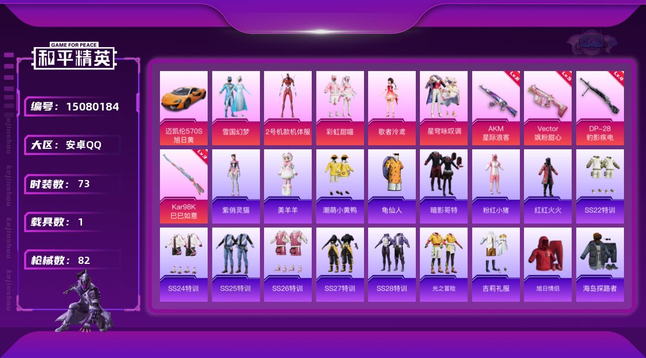 和平精英账号安卓QQ[15080184]【店主推荐捡漏号！可直接换绑】/素材身法号/地铁满天赋 安卓 手Q-5粉装-4特效枪-1载具-3粉色飞行器-2.9w热力值-6王牌印记-73套装-82枪皮【热门品类】：粉装-雪国幻