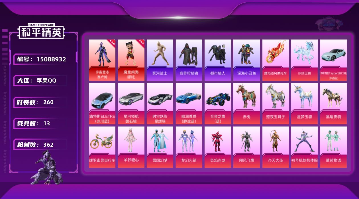 和平精英账号苹果QQ[15088932]素材身法号/宇宙意志-塞卢姆(四级)/老木乃伊/地铁满天赋/M416-至情至圣(九级) 苹果 手Q-2神装-26粉装-24特效枪-13载具-15粉色飞行器-14.2w热力值-16王