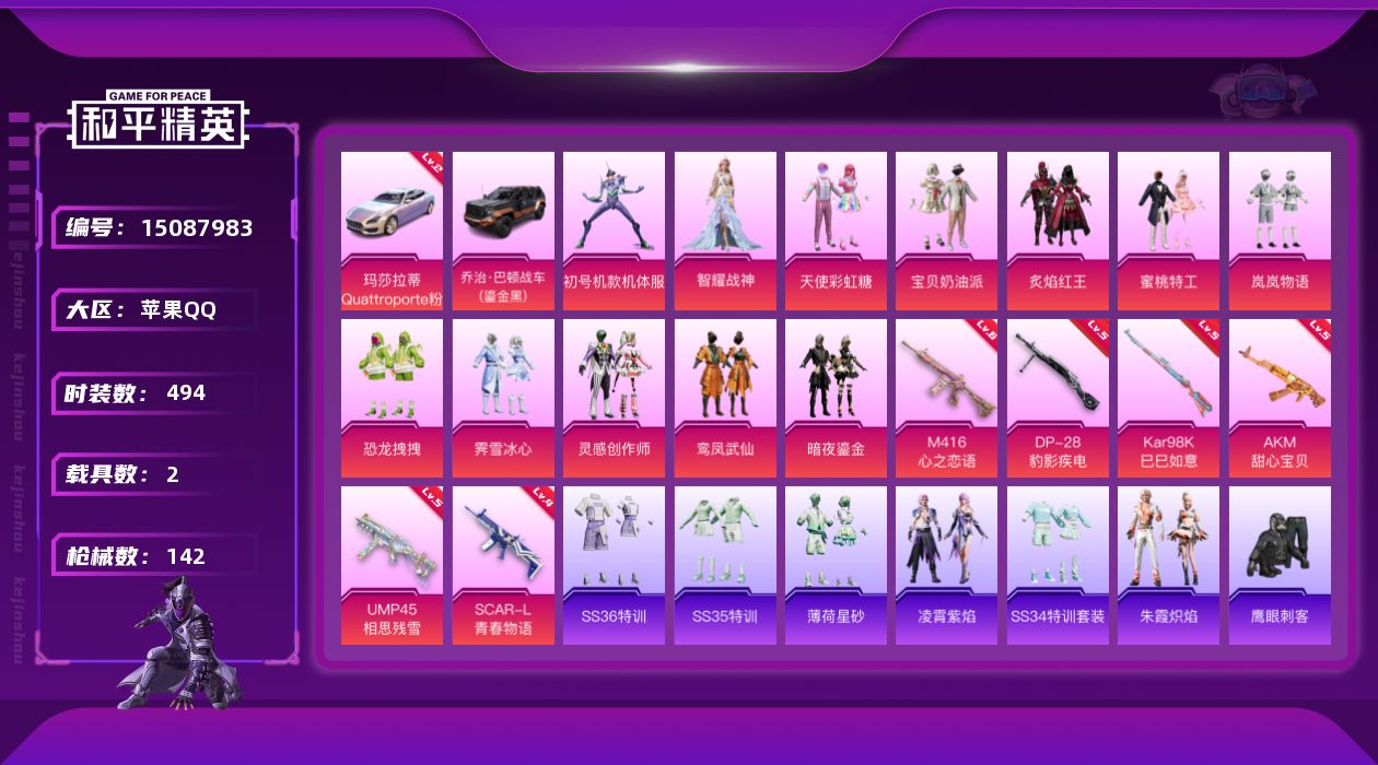 和平精英账号苹果QQ0AQBYB"1升级车1普通载具11粉装5粉枪

特殊装备【初号机款机体服,】
三币车【玛莎拉