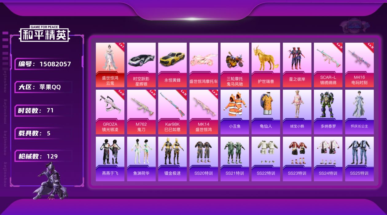 和平精英账号苹果QQ[15082057]【特价出售/店主推荐】苹果 手Q-1神装-1粉装-6特效枪-5载具-4粉色飞行器-4.3w热力值-3王牌印记-71套装-129枪皮
【红色神装等级】：盛世惊鸿-云鸾(一级)
【红色