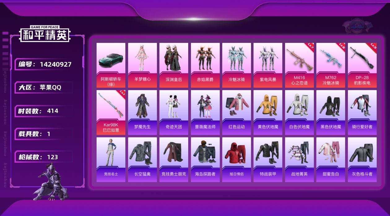 和平精英账号苹果QQ1载具-112套装-123枪皮-[]5粉装 4特效枪 1载具 5印记 可二次 可修改实名 
【热门装