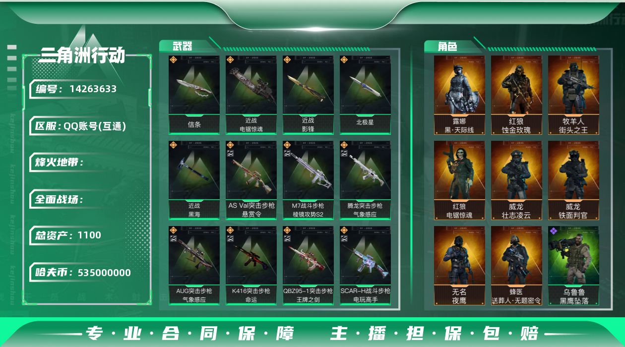 三角洲行动账号QQRs9134/QQ区/总资产1.1B/哈夫币535M/【干员皮肤：红狼-蚀金玫瑰/红狼-电锯惊魂/威