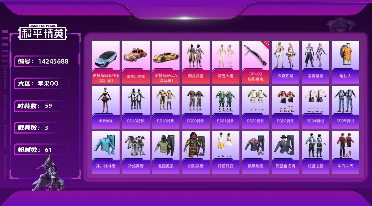 和平精英账号苹果QQ[14245688]可二次【店主推荐捡漏号！可直接换绑】 苹果 手Q-2粉装-1特效枪-3载具-2w热力值-5王牌印记-59套装-61枪皮【热门品类】：套装-龟仙人【粉色载具】：路特斯EVIJA（星际