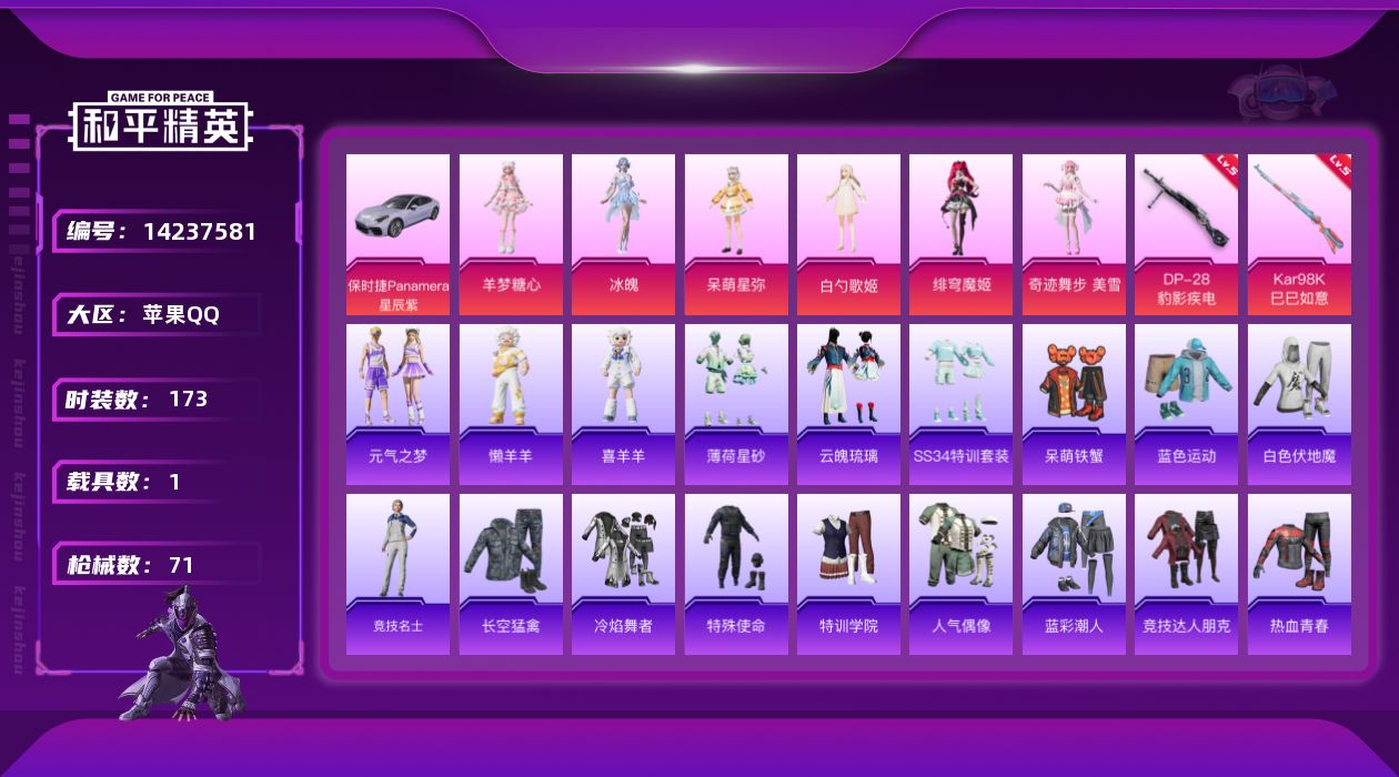 和平精英账号苹果QQ1载具-52套装-71枪皮-[]6粉装 2特效枪 1载具 5印记 可二次 可修改实名 
【热门装扮】