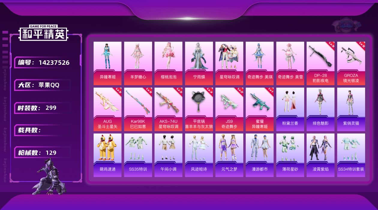 和平精英账号苹果QQ0载具-83套装-129枪皮-[]7粉装 8特效枪 3印记 可二次 可修改实名  连体王者
【热门装