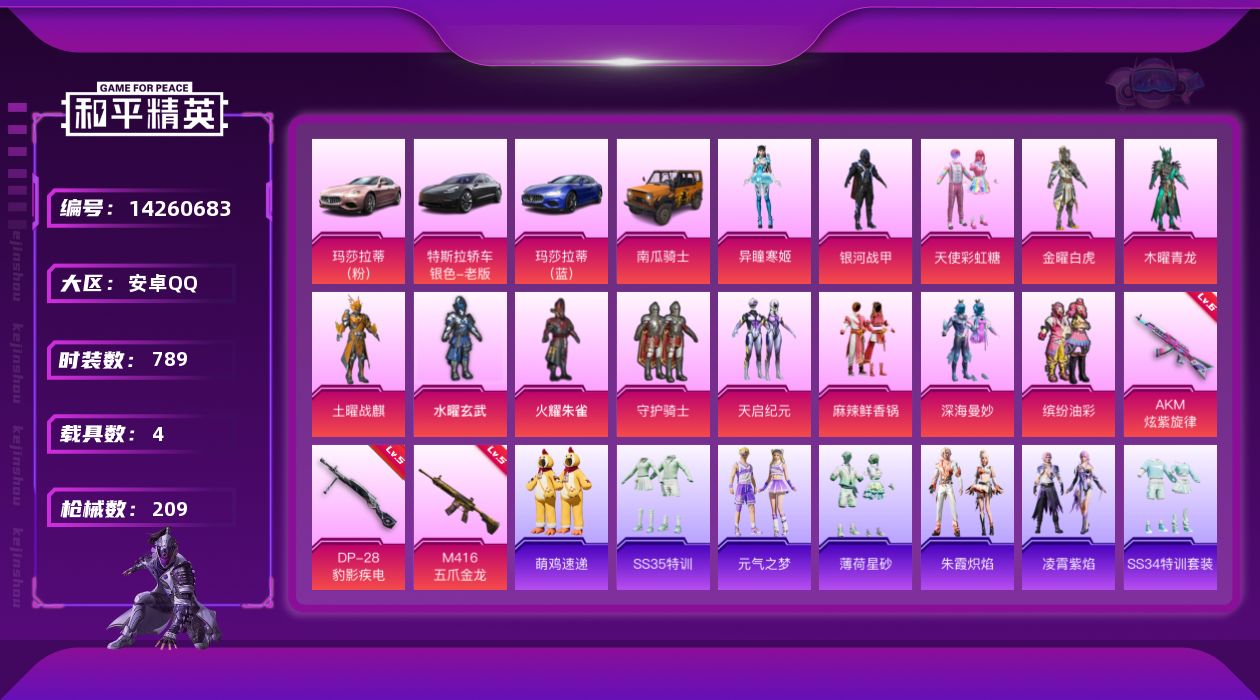 和平精英账号安卓QQ4载具-200套装-209枪皮-[]13粉装 3特效枪 4载具 10印记 可二次 可修改实名 
【热