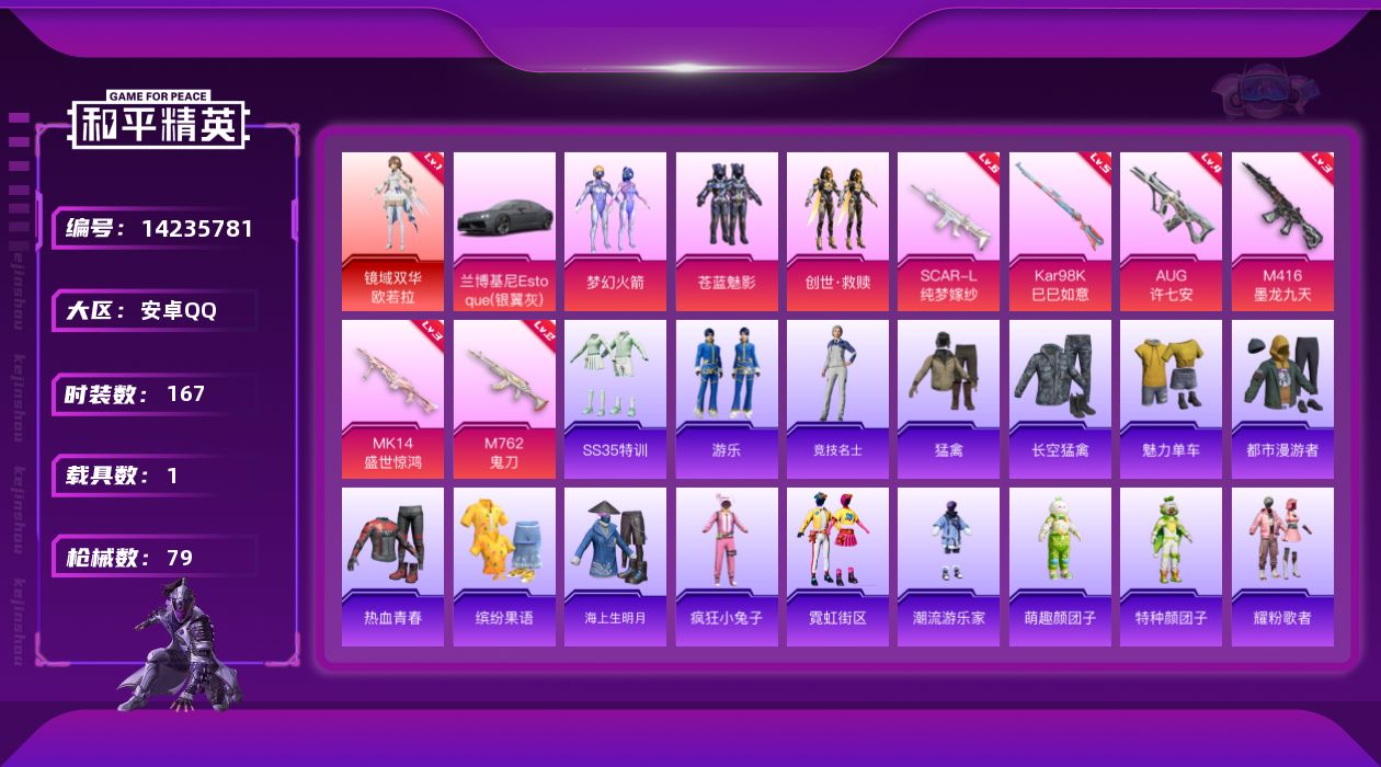 和平精英账号安卓QQ1载具-52套装-79枪皮-[]1红装 3粉装 6特效枪 1载具 1印记 可二次 可修改实名 
【一