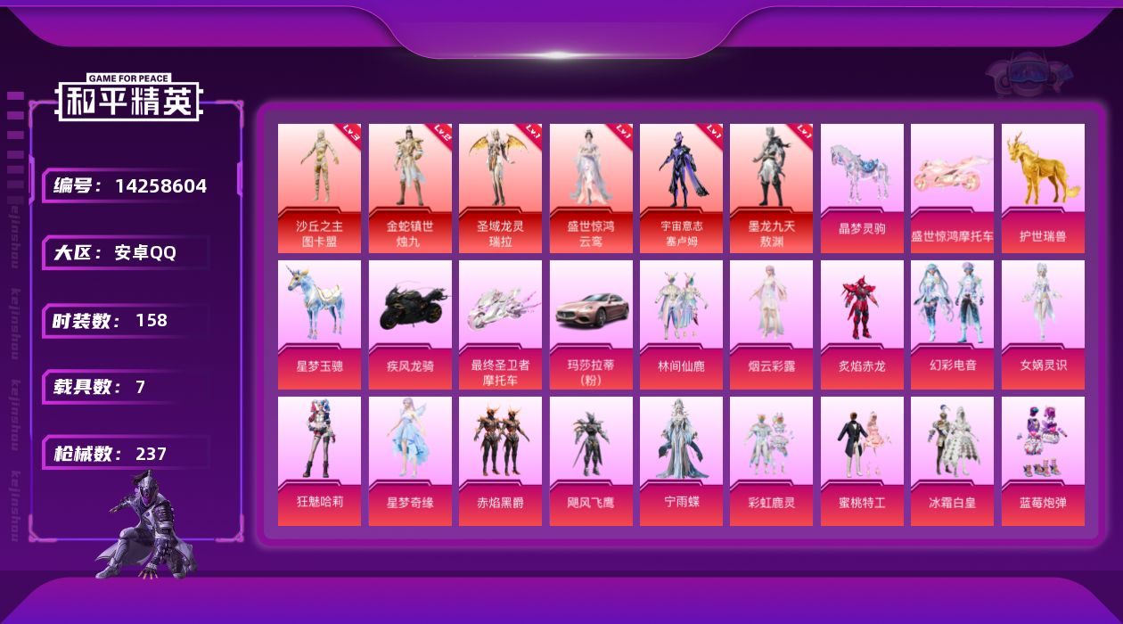 和平精英账号安卓QQ[14258604]安卓 手Q-6神装-20粉装-19特效枪-7载具-16粉色飞行器-98718热力值-5王牌印记-158套装-237枪皮
【红色神装等级】：圣域龙灵-瑞拉(一级)，金蛇镇世-烛九(二