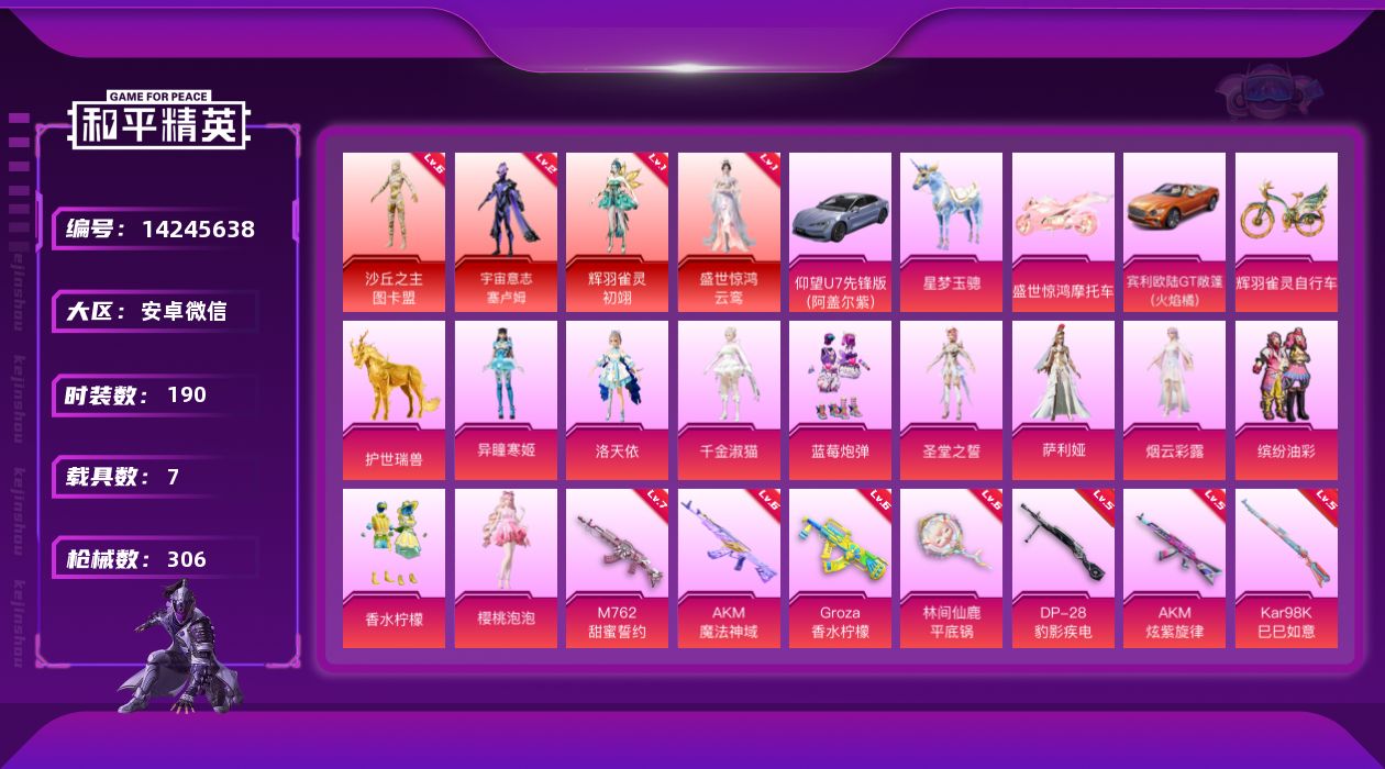 和平精英账号安卓微信[14245638]素材身法号/沙丘之主-图卡盟(六级)/绝世印记1 安卓 微信-4神装-10粉装-17特效枪-7载具-14粉色飞行器-13w热力值-25王牌印记-190套装-306枪皮【红色神装等级