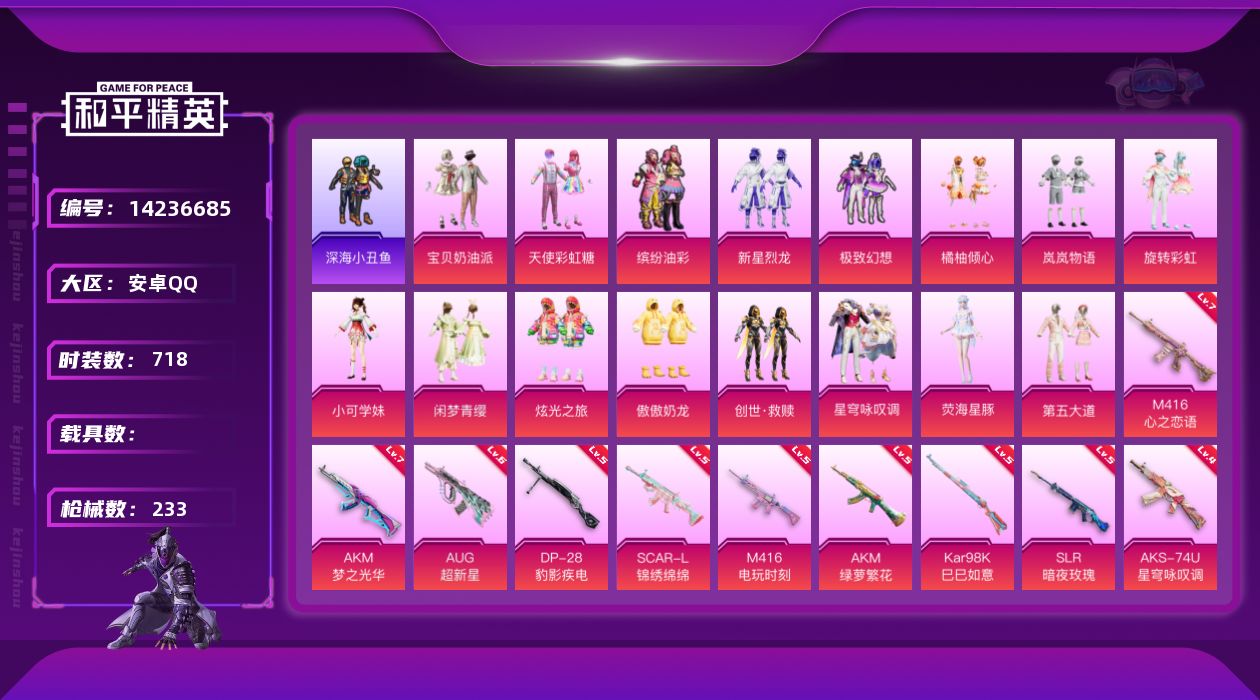 和平精英账号安卓QQ0载具-205套装-233枪皮-[]16粉装 10特效枪 17印记 可二次 可修改实名 
【热门装扮