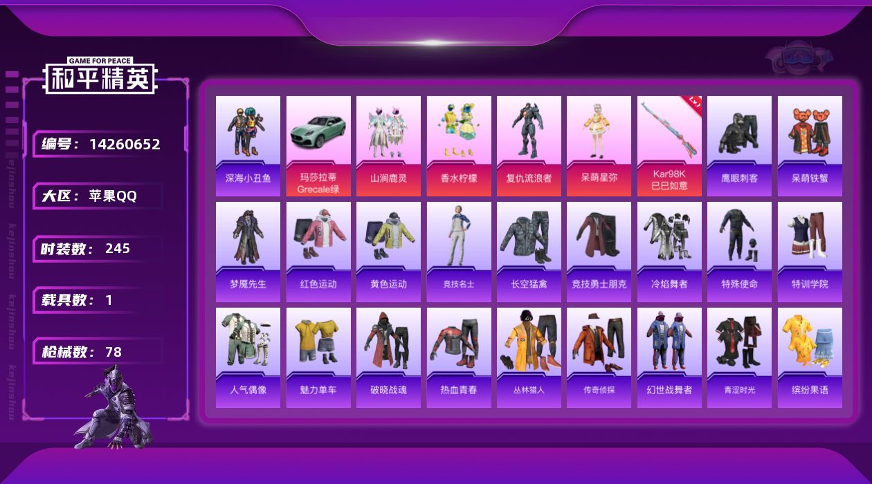 和平精英账号苹果QQ1载具-69套装-78枪皮-[]4粉装 1特效枪 1载具 4印记 可二次 可修改实名 
【热门装扮】