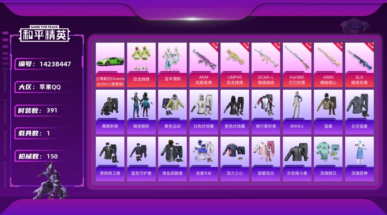 和平精英账号苹果QQ1载具-110套装-150枪皮-[]2粉装 6特效枪 1载具 3印记 可二次 可修改实名 
【热门装