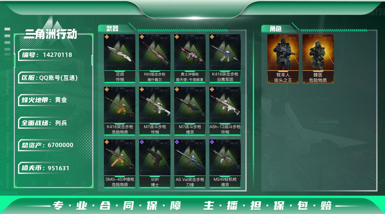 三角洲行动账号QQ[14270118]JHS2347-总资产6.9m-95w哈夫币【仓库5,体力3,耐力2】【怜悯】【危险物质,街头之王】【追缴700w，现金有100w】