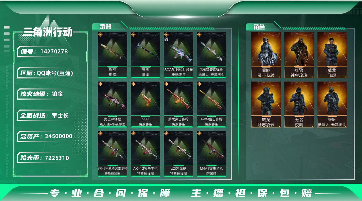 三角洲行动账号QQ[14270278]JHS2371-总资产34.6m-722w哈夫币【仓库3,体力6,耐力4】【黑海,影锋】【蚀金玫瑰,飞虎,壮志凌云,夜鹰,送葬人,天际线】【SCAR电玩高手(优品A)】