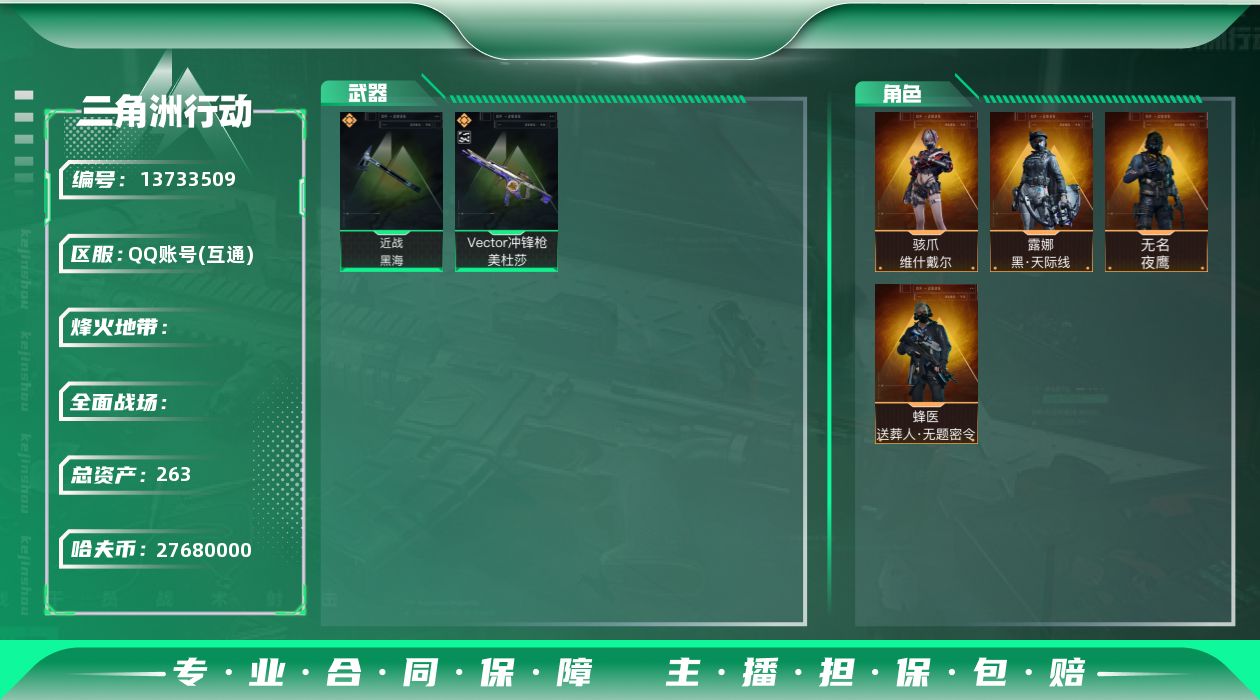 三角洲行动账号QQABC9017/QQ区/钱包注销/可二次/【总资产：263.4M+骇爪水墨云图+露娜黑天际线+蜂医送