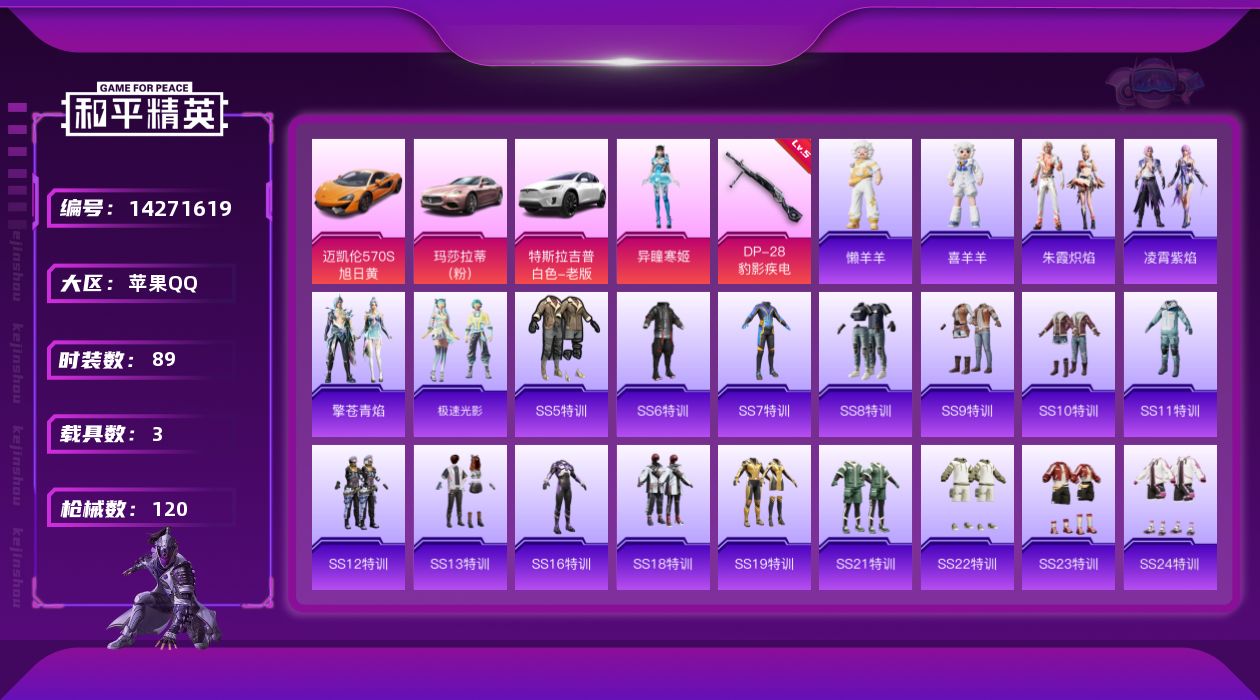 和平精英账号苹果QQ[14271619]可二次【店主推荐捡漏号！可直接换绑】 苹果 手Q-1粉装-1特效枪-3载具-1粉色飞行器-3.6w热力值-15王牌印记-89套装-120枪皮=【热门品类】：绝对防御上衣【粉色载具】